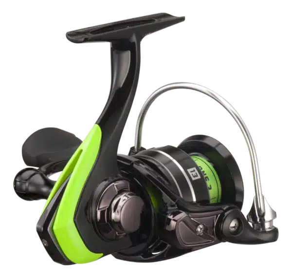 Close-up of a sleek fishing reel in black and neon green, featuring a spool, handle, and rotor designed for smooth performance.