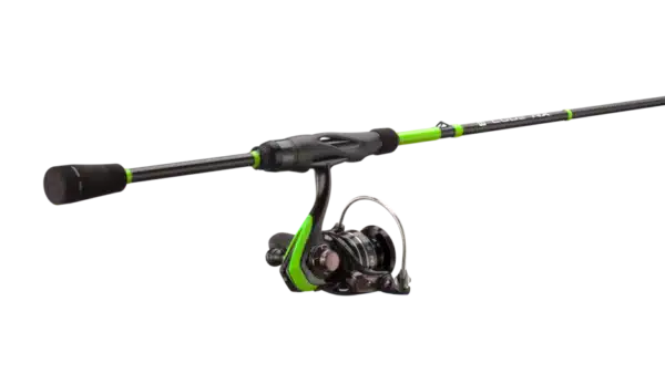 A sleek fishing rod with a black and green design, featuring a spinning reel, is displayed against a white background.