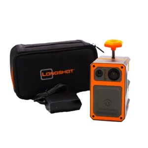 LONGSHOT HAWK SMART SCOPE CAMERA, a compact, orange and gray shooting target device with sensors, accompanied by a black carrying case and charger, labeled "LONGSHOT."