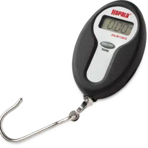 RAPALA 25LB. MINI DIGITAL SCALE, a digital fish scale with a black casing and display showing "0.00 lbs," featuring an attached metal hook for weighing items.