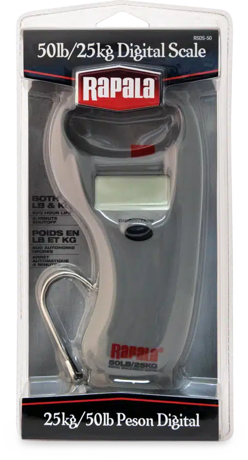 Digital scale packaging featuring a Rapala scale, measuring up to 50lb/25kg, with a screen, hook, and product details in multiple languages.
