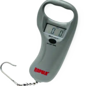 RAPALA 50LB. SPORTSMAN'S DIGITAL SCALE, A gray digital scale with a hook, displaying 0.0 lbs, labeled with the brand "Rapala" and a 50 lb. capacity indicator.