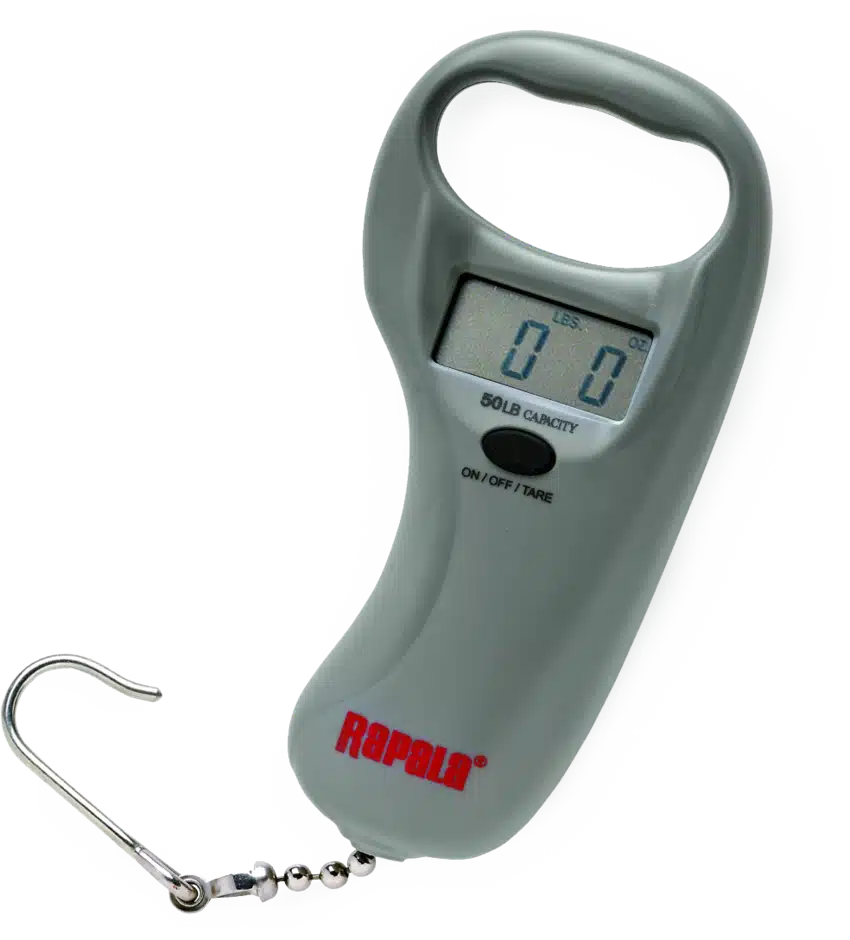 RAPALA 50LB. SPORTSMAN'S DIGITAL SCALE, A gray digital scale with a hook, displaying 0.0 lbs, labeled with the brand "Rapala" and a 50 lb. capacity indicator.