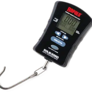 RAPALA COMPACT TOUCH SCREEN 50LB. SCALE, a digital scale with a black display showing weight measurements, featuring a hook for hanging items and buttons for options.