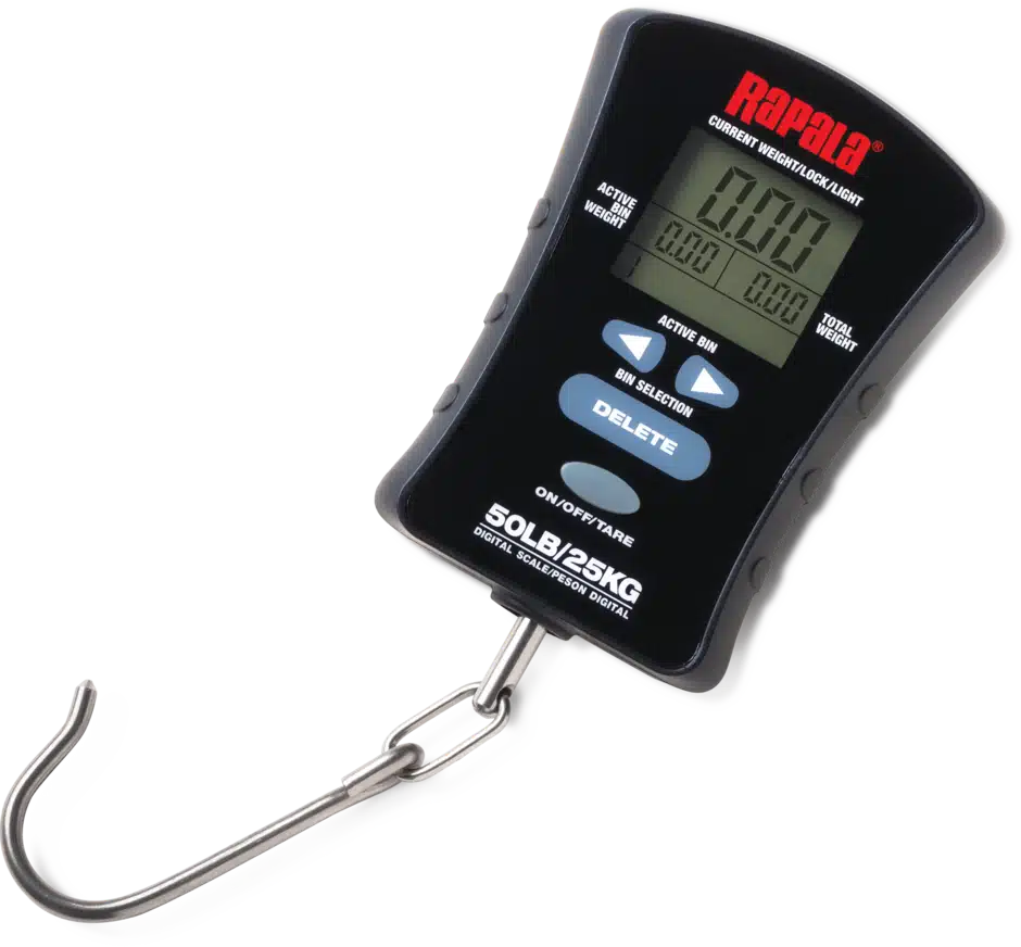 RAPALA COMPACT TOUCH SCREEN 50LB. SCALE, a digital scale with a black display showing weight measurements, featuring a hook for hanging items and buttons for options.