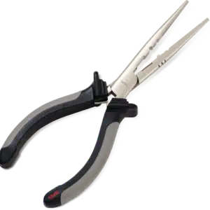 RAPALA FISHERMAN'S PLIERS 8 1/2", a pair of precision pliers with gray rubber grips, featuring tapered jaws and a locking mechanism for secure handling.