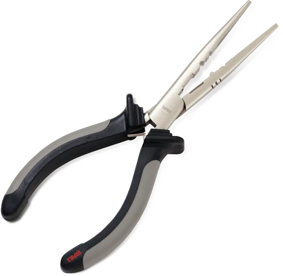 RAPALA FISHERMAN'S PLIERS 8 1/2", a pair of precision pliers with gray rubber grips, featuring tapered jaws and a locking mechanism for secure handling.