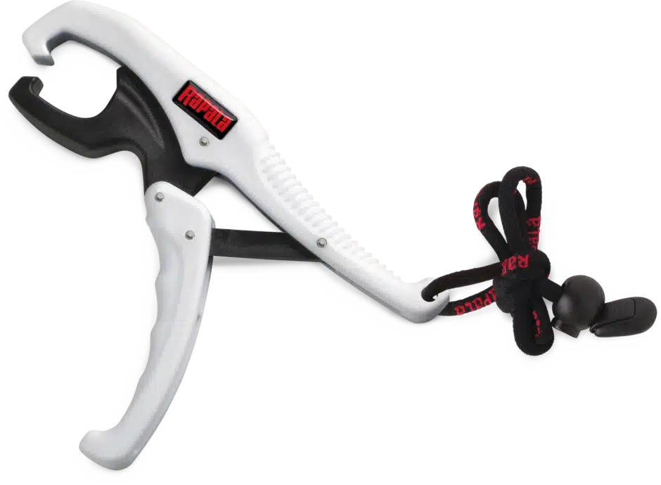 A white and black fishing tool with a hook grip and a safety tether, designed for securing and handling fish.