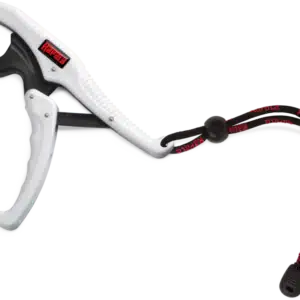 RAPALA FLOATING FISH GRIPPER 6", a white and black fish gripping tool with a trigger mechanism, featuring the Rapala logo and a lanyard for easy handling.