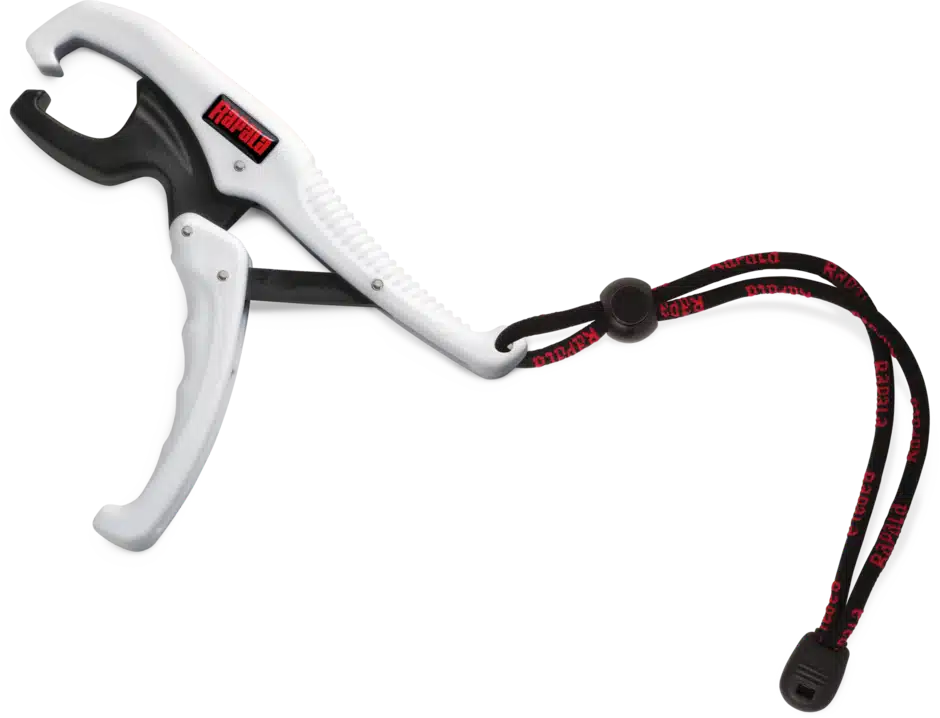 RAPALA FLOATING FISH GRIPPER 6", a white and black fish gripping tool with a trigger mechanism, featuring the Rapala logo and a lanyard for easy handling.