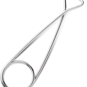 RAPALA JAW SPREADER 8", a shiny metal safety pin with a circular base and a triangular head, designed for fastening fabric or clothing.