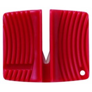 SINGLE-STAGE CERAMIC KNIFE SHARPENER, Red plastic pizza cutter with a streamlined design and ribbed grip, featuring a central blade for slicing through pizza easily.