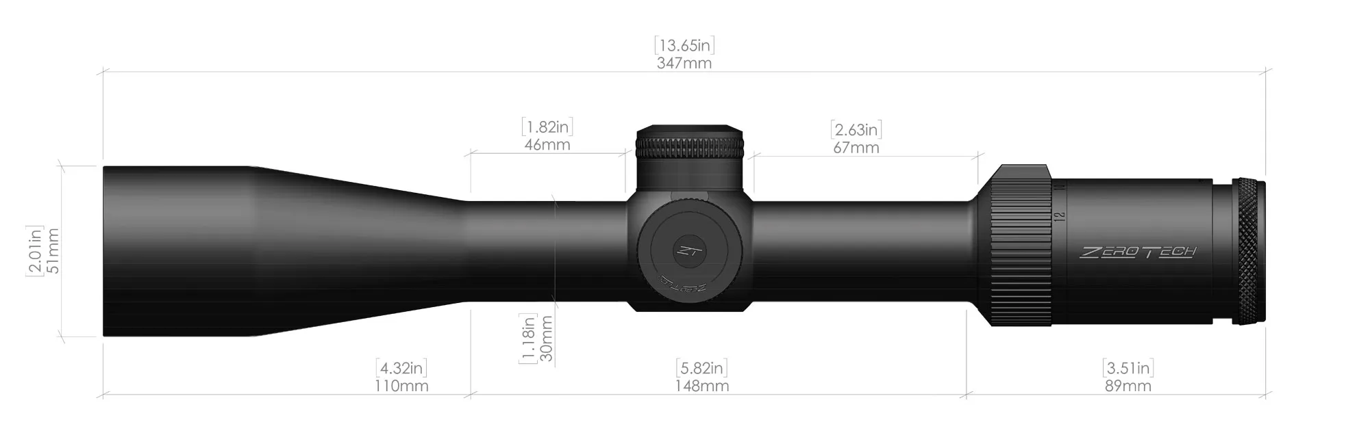 Diagram of a Zero Tech rifle scope with labeled dimensions, showcasing a sleek black design and precise measurement details.