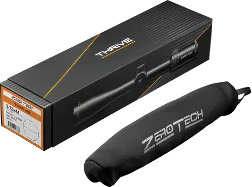A Zero Tech Thrive scope in its box, with a protective cover, showcasing its sleek design and brand logo.