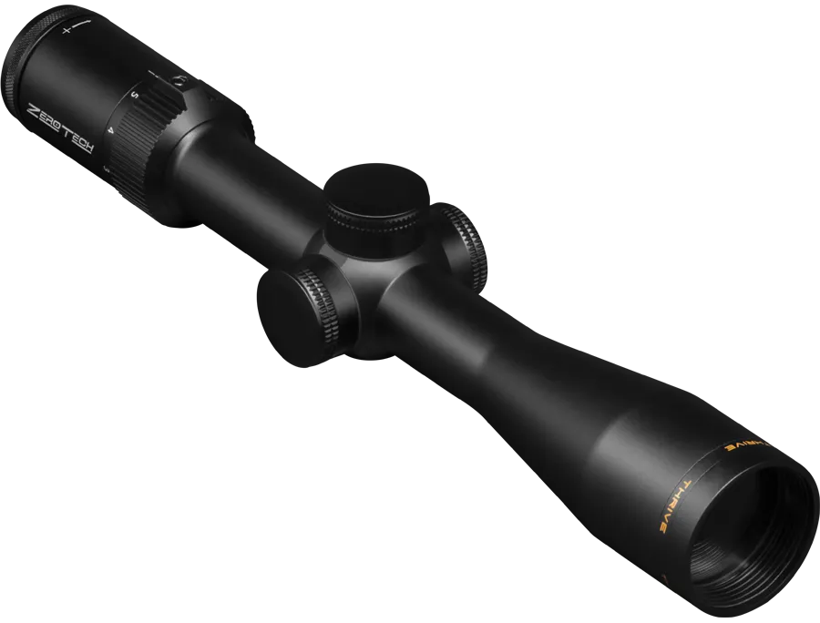ZEROTECH THRIVE 3-12X44 PHR 3, a black riflescope with adjustable knobs and a tapered lens, designed for precision aiming in various shooting conditions.