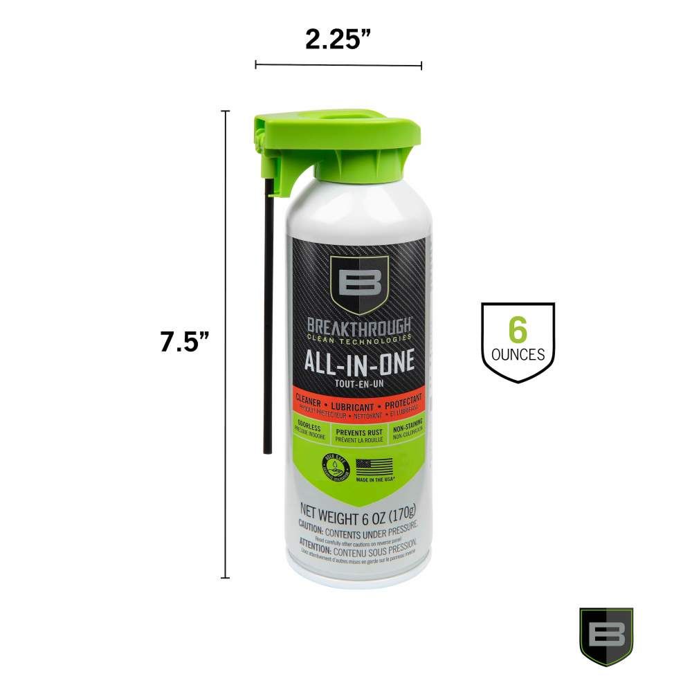 A 6-ounce can of Breakthrough All-in-One cleaner, lubricant, and protectant, featuring a green cap and a black nozzle for precise application.