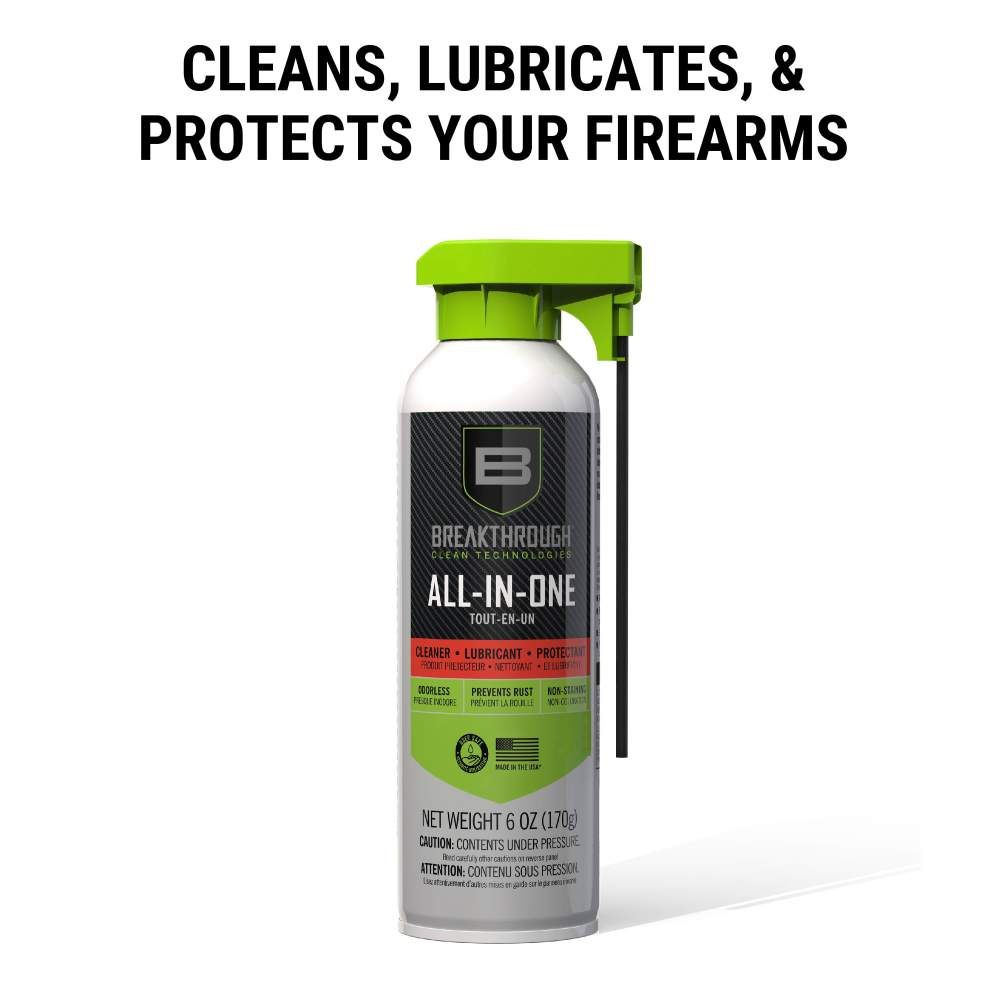 A can of Breakthrough All-In-One firearm cleaner with a green nozzle, highlighting its cleaning, lubricating, and protecting features.