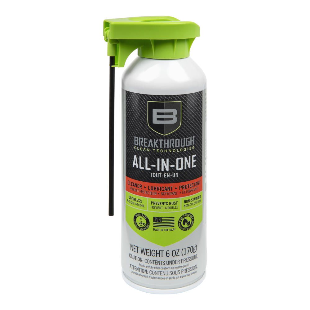 AEROSOL ALL-IN-ONE (CLP) - 6OZ - A spray canister of Breakthrough All-In-One cleaner, featuring a green top and label highlighting its cleaning, lubricating, and rust prevention properties.