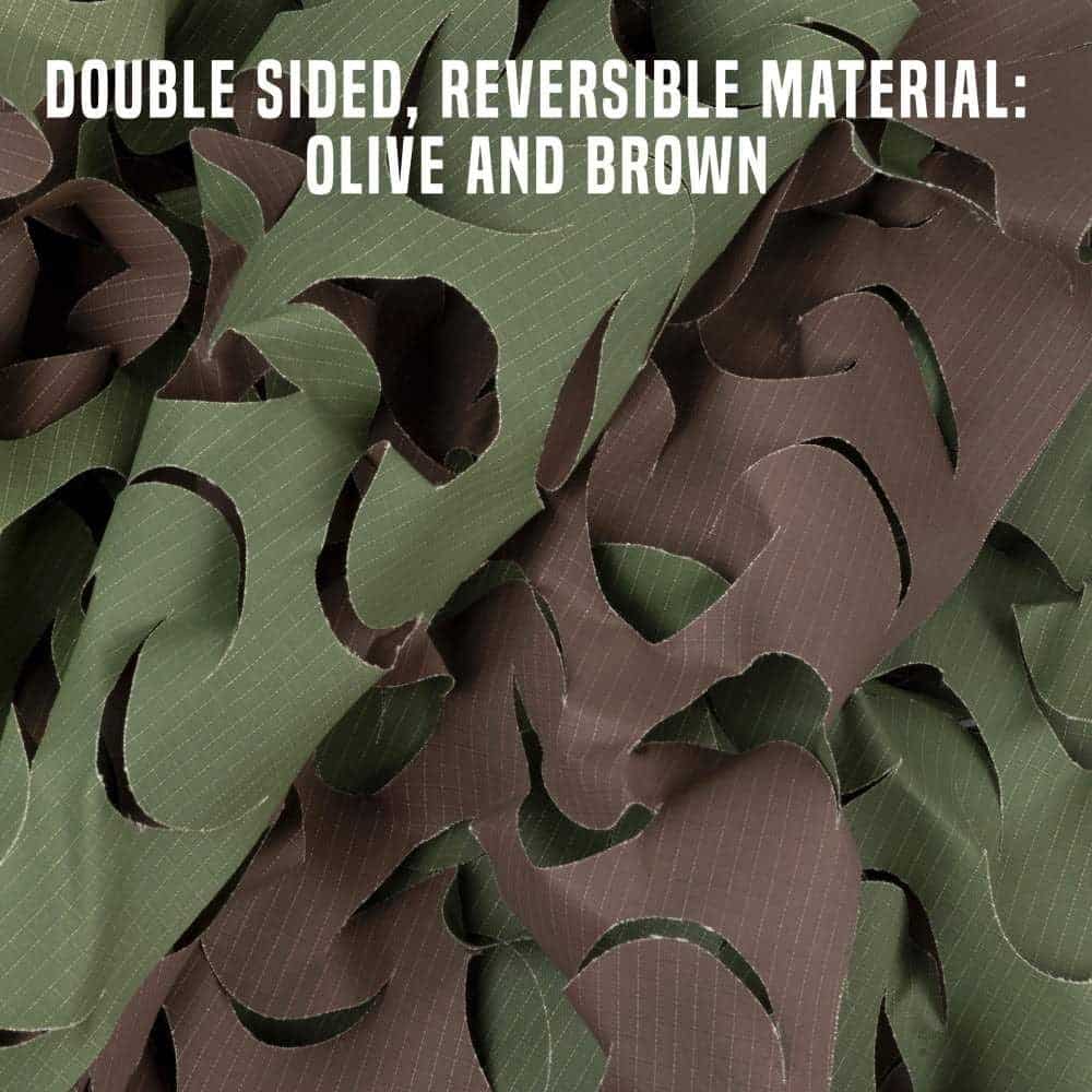 Reversible fabric featuring olive green and brown colors, with a wavy, textured design for versatile camouflage use.