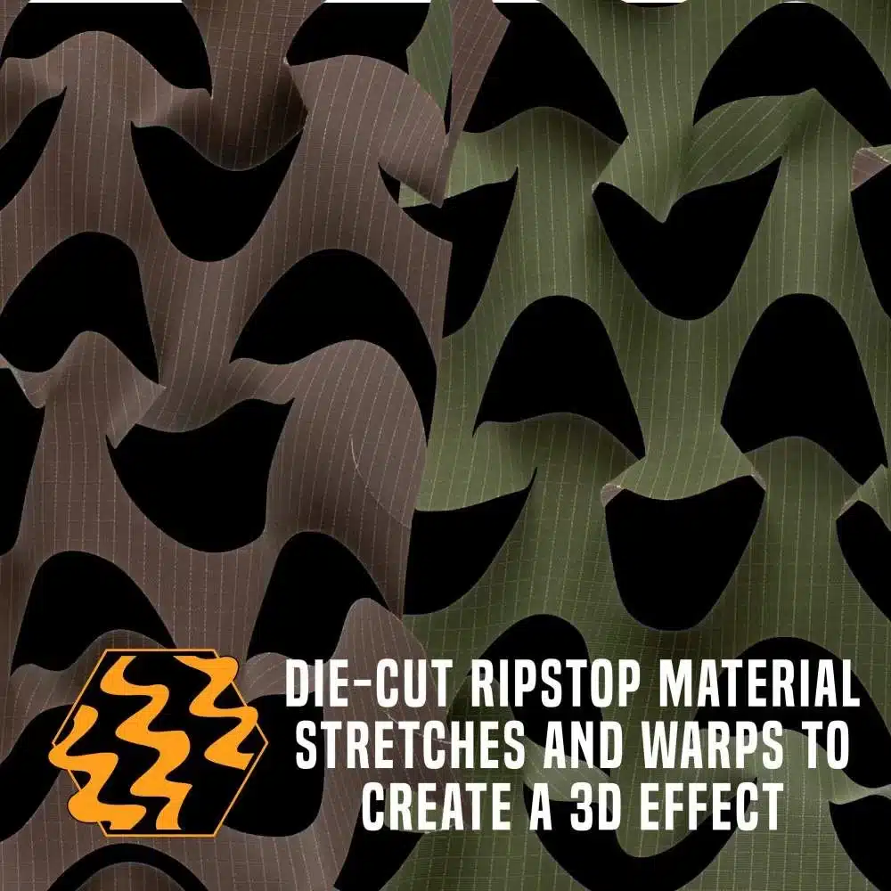 Close-up of die-cut ripstop material in brown and green, featuring a textured 3D effect with visible stretch and warping.