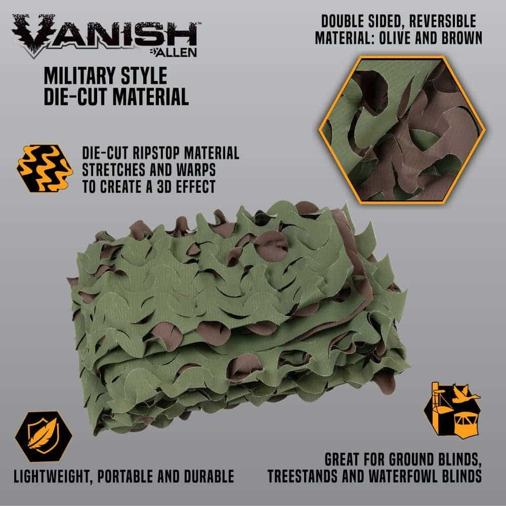 Die-cut, double-sided military material in olive and brown, designed for camouflage in outdoor settings. Lightweight and durable.