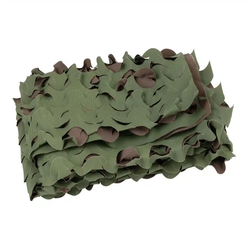 ALLEN COMAPNY DIE-CUT CAMO - 9.8FT X 58IN - OLIVE & BROWN - Folded camouflage netting in green and brown, featuring wavy patterns for blending into natural environments.