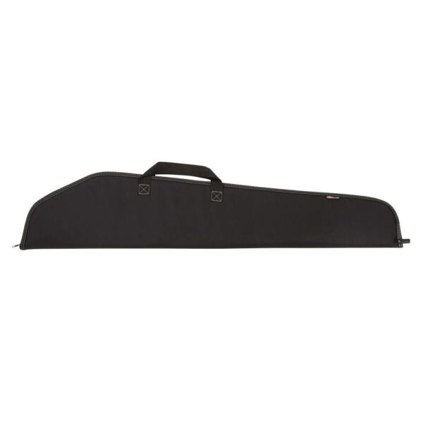 Black padded rifle case with a handle, featuring a sleek design and reinforced stitching for durability and protection.