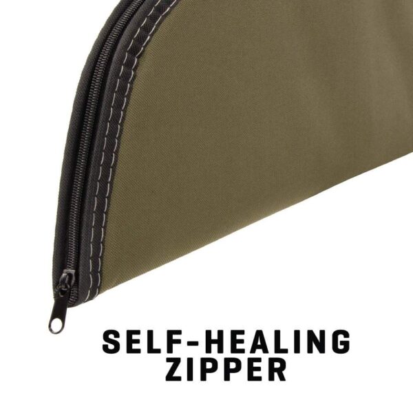 Close-up of a self-healing zipper on an olive green pouch, showcasing its durable fabric and intricate stitching details.