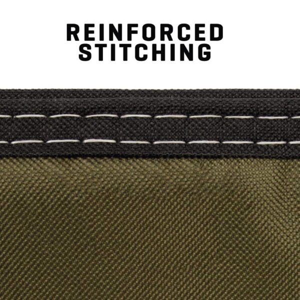 Close-up of reinforced stitching on a dark green fabric, highlighting strength with contrasting black and white thread.
