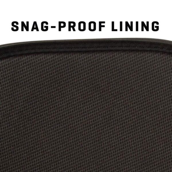 Close-up of snag-proof lining in black fabric, highlighted by bold text stating "SNAG-PROOF LINING" at the top.