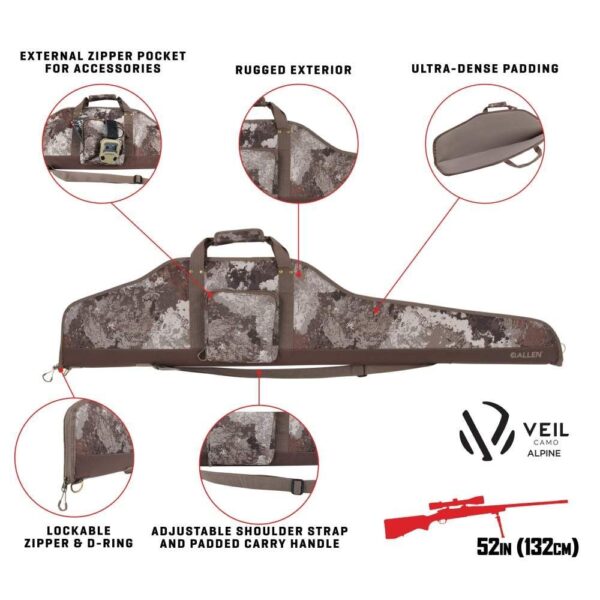 A camo rifle case featuring a rugged exterior, ultra-dense padding, adjustable strap, external pocket, and a lockable zipper.