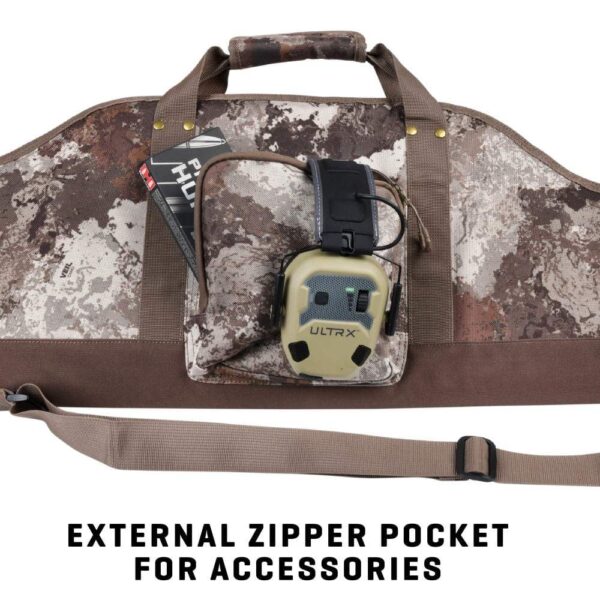 Camo bag featuring an external zipper pocket, with an attached ULTRX headset, ideal for storing accessories during outdoor activities.