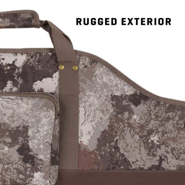 Close-up of a rugged, camouflage-patterned exterior, showcasing durable fabric and sturdy handle for outdoor gear.