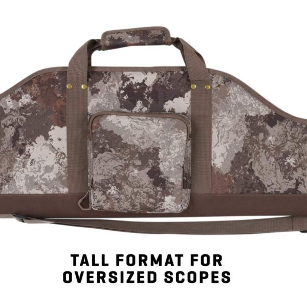 A tall gun case in a camo pattern, featuring a side pocket and sturdy carrying straps, designed for oversized scopes.
