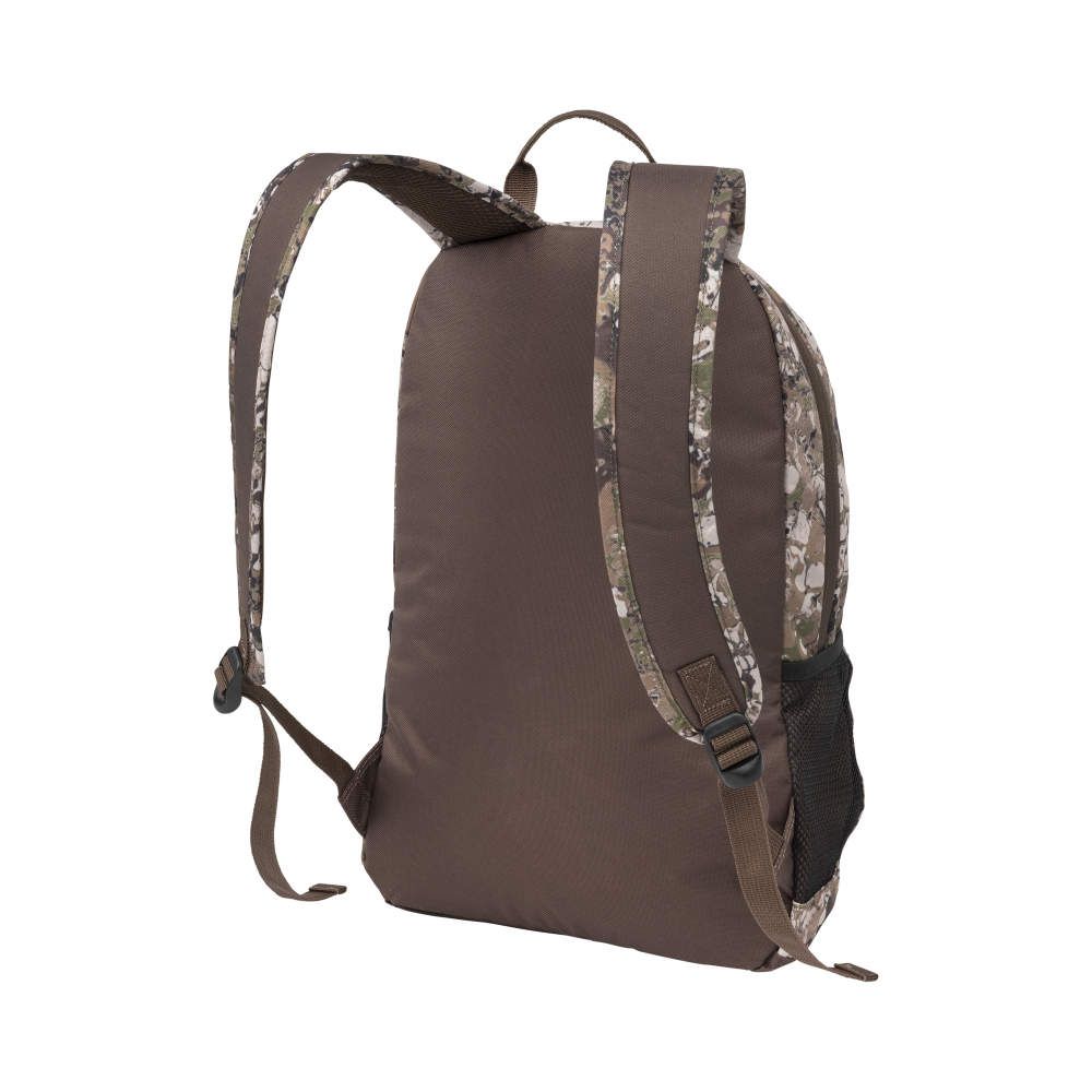Brown backpack with camouflage straps and a side mesh pocket, viewed from the side against a white background.