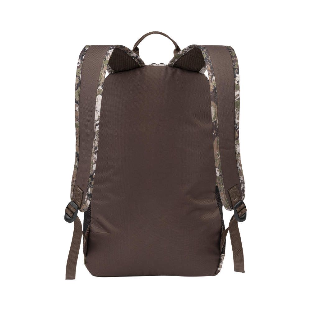 A brown backpack with camo-patterned straps, featuring a simple design and adjustable shoulder straps for comfort.