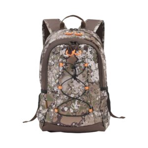 ALLEN COMPANY CAPE DAYPACK - Camo-patterned backpack with orange accents, featuring adjustable straps and exterior bungee cords for extra storage.
