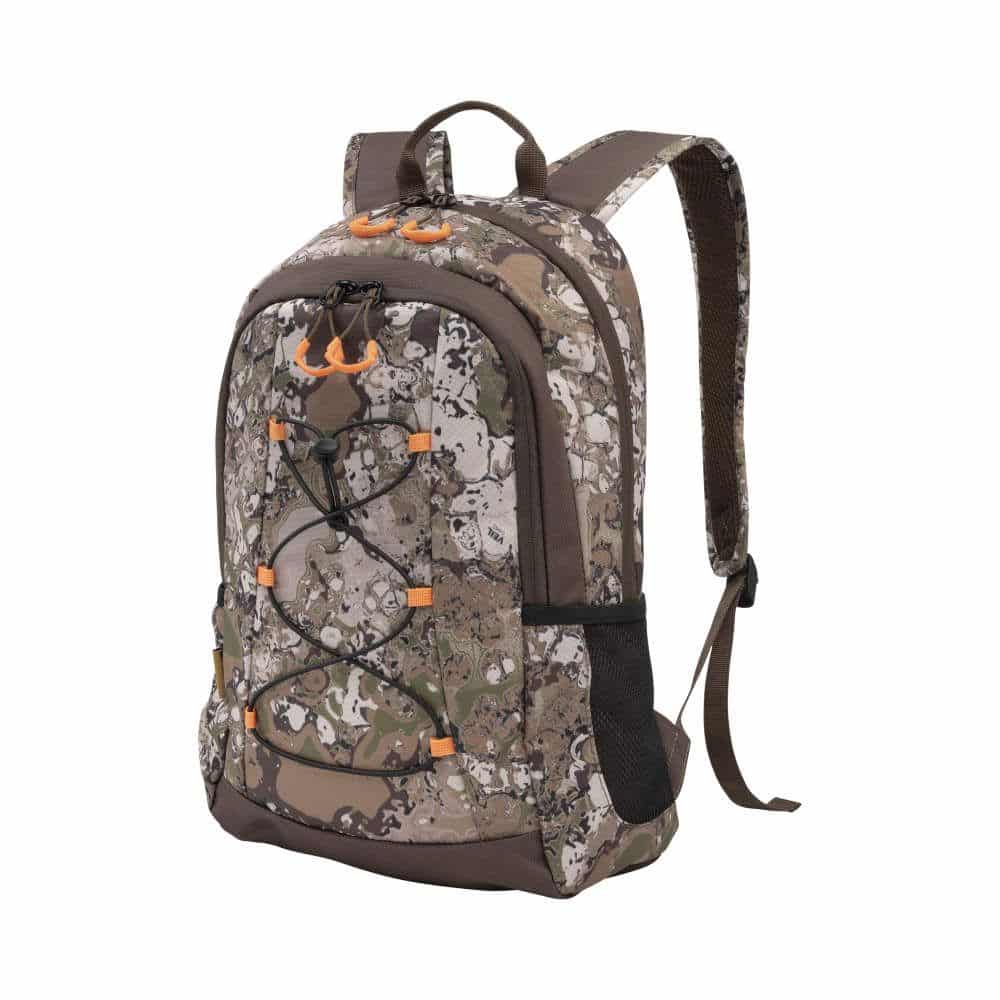 Camo-patterned backpack with orange accents, featuring a front bungee cord, mesh side pockets, and padded shoulder straps.