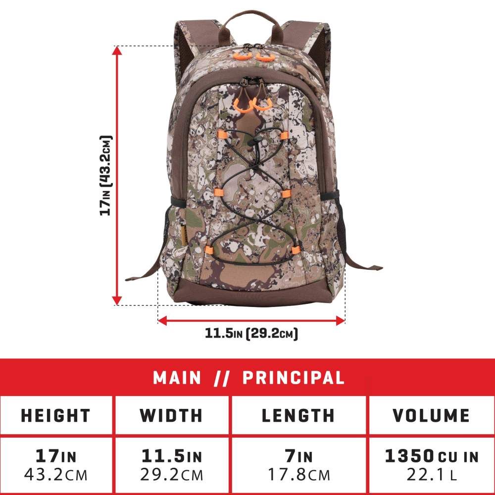 Camo backpack with dimensions: 17" height, 11.5" width, 7" depth; 1350 cu in volume, perfect for outdoor adventures.