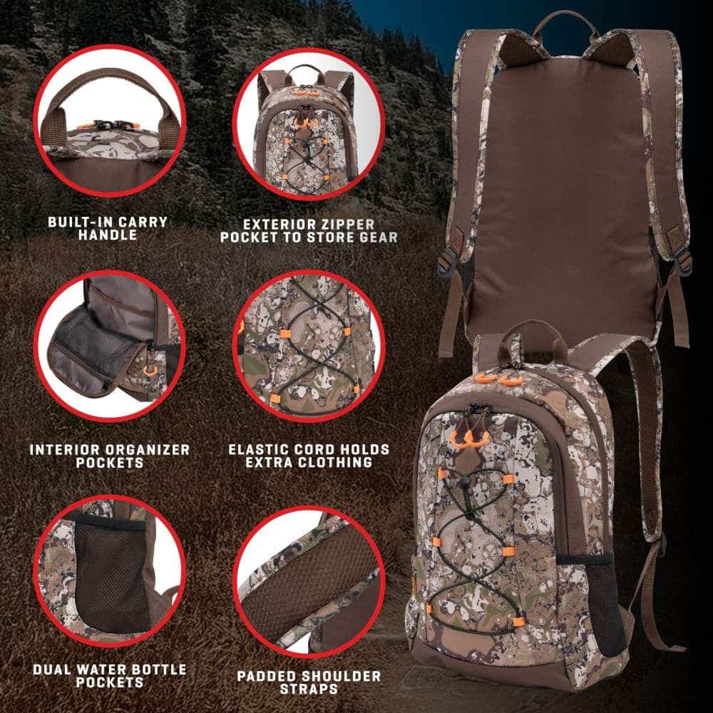 A multi-functional camouflage backpack featuring padded straps, water bottle pockets, and various storage compartments.