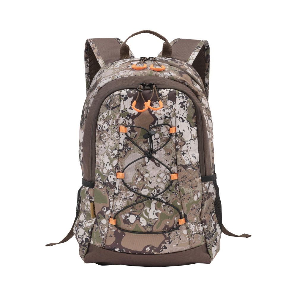 ALLEN COMPANY CAPE DAYPACK - Camo-patterned backpack with orange accents, featuring adjustable straps and exterior bungee cords for extra storage.