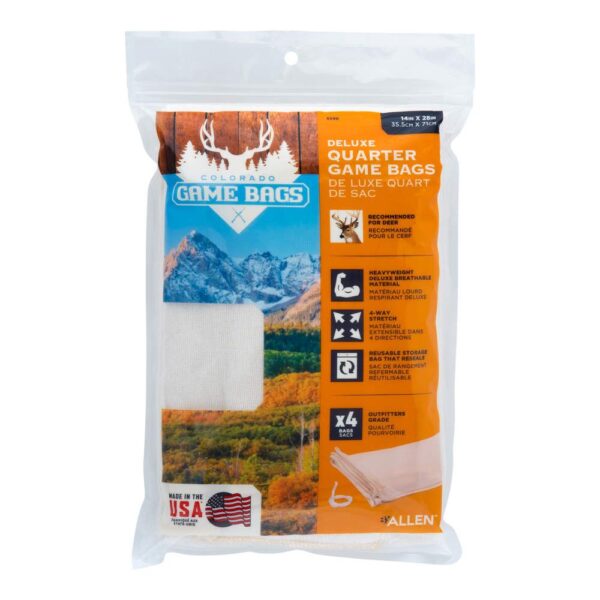 Deluxe Quarter Game Bags package features four heavyweight, breathable bags for meat storage; recommended for elk and deer hunting.