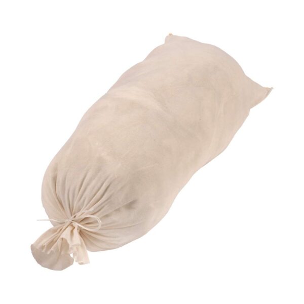 A beige fabric sack tied at one end, resembling a pillow shape, filled with an unidentifiable soft material.