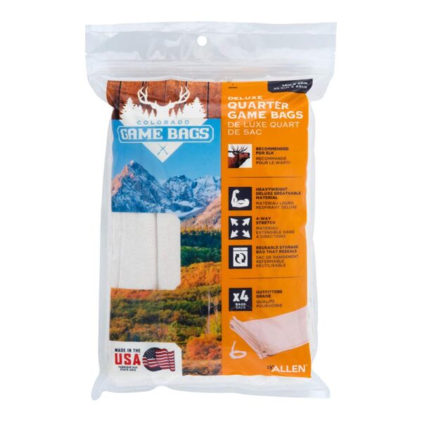 Pack of four Colorado Game Bags for hunting, made from heavyweight breathable material, designed for elk. Reusable storage included.