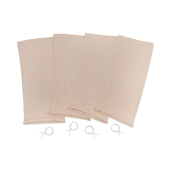ALLEN COMPANY COLORADO DELUXE ELK GAME BAGS - Four beige fabric sleeves laid flat alongside three white tie strings for securing. Ideal for culinary or craft uses.