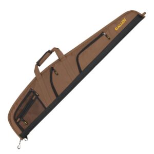 ALLEN COMPANY DAYTONA SHOTGUNRIFLE CASE - 46IN - MOCHA/BROWN - A brown gun case with a black bottom, featuring multiple zippered pockets and a top handle, labeled with the "ALLEN" brand name.
