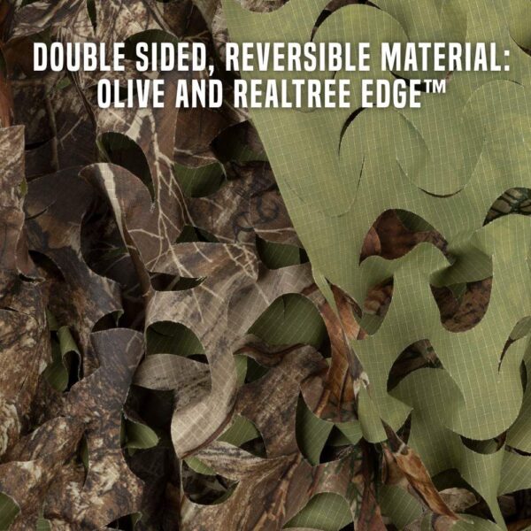 A close-up of double-sided, reversible fabric featuring olive green and Realtree Edge camouflage patterns.