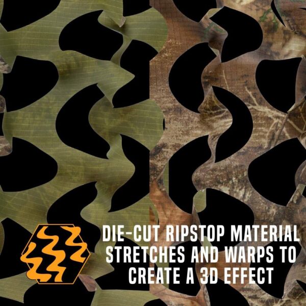 Close-up of die-cut ripstop material showing green and camo patterns, designed to stretch and warp for a unique 3D effect.