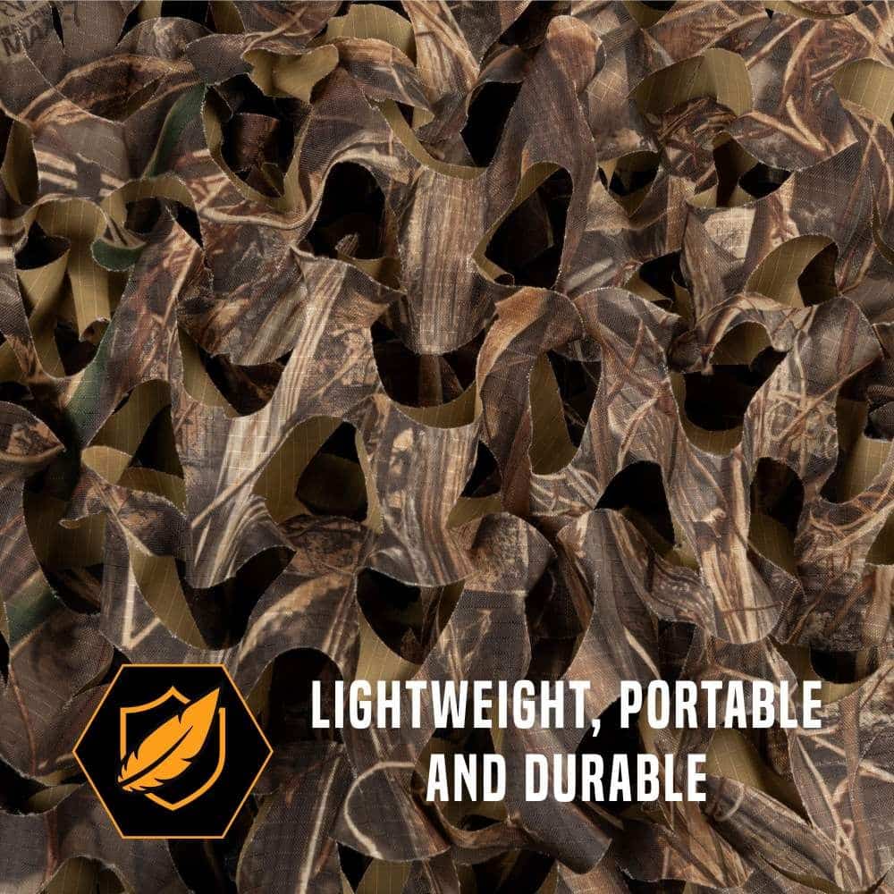 Close-up of a camouflage netting showcasing a blend of browns and greens, labeled "Lightweight, Portable and Durable."