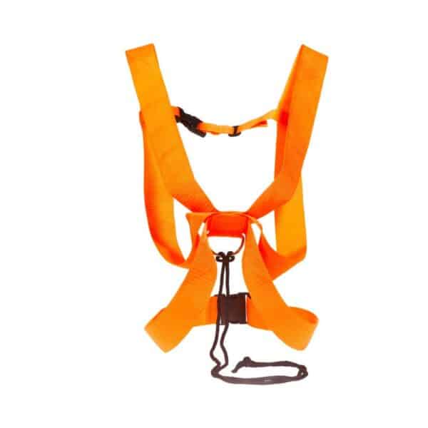 Bright orange deer drag harness with adjustable straps and a buckle, designed for secure and visible use in various activities.
